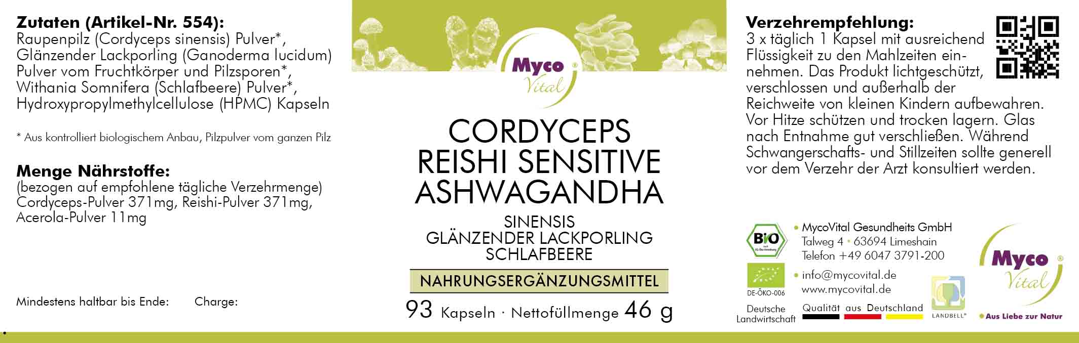 CORDYCEPS-REISHI sens.-ASHWAGANDHA-Bio-Pulver-Kapseln (Mischung 0554)