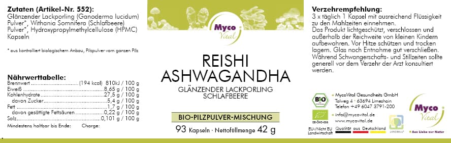 Reishi-ASHWAGANDHA Cápsulas de polvo ecológico (Mezcla 0552)