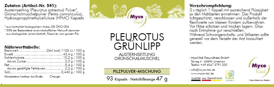 PLEUROTUS-GRÜNLIPP-Pulver Kapseln (Mischung 541)