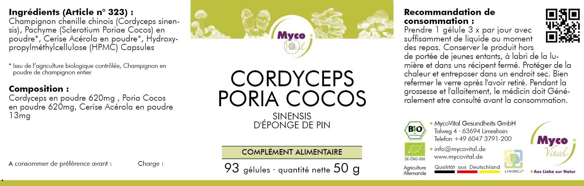 Cordyceps-Pleurotus-Reishi Capsules de poudre de champignons bio (mélange 337)