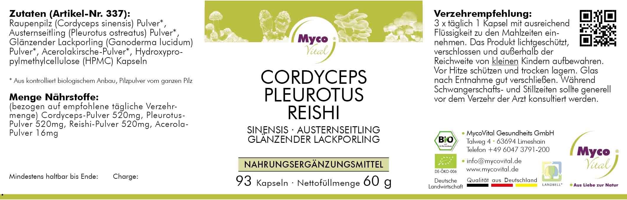 CORDYCEPS-PLEUROTUS-REISHI Bio-Pilzpulver-Kapseln (Mischung 337)