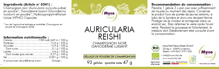 Auricularia-Reishi Capsules de poudre de champignons bio (mélange 341)