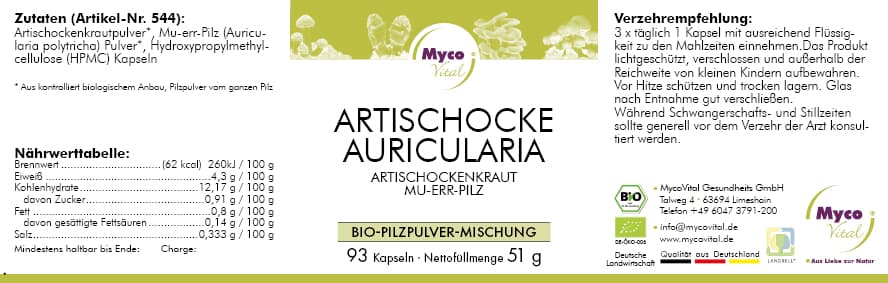 AURICULARIA-ARTISCHOCKEN Bio-Pulver-Kapseln (Mischung 544)