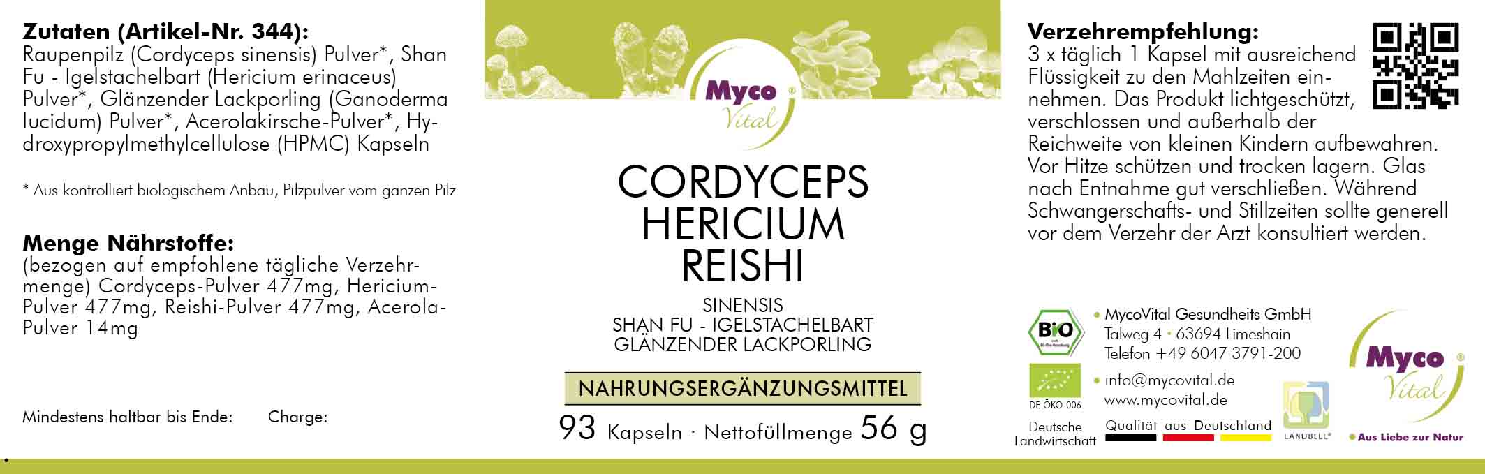 Cordyceps-Hericium-Reishi Organic Mushroom Powder Capsules (Blend 344)