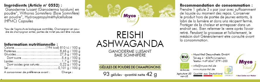 Reishi-Gélules de poudre bio ASHWAGANDHA (mélange 0552)