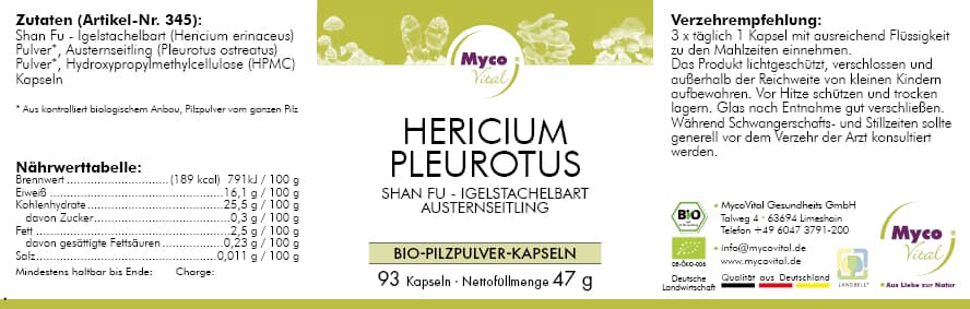 Hericium-Pleurotus Organic mushroom powder capsules (blend 345)
