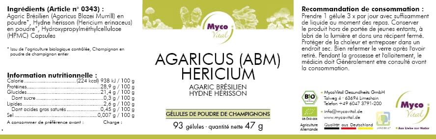 ABM-Hericium Capsules de poudre de champignons biologiques (mélange 343)