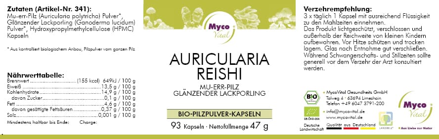 Auricularia-Reishi Organic mushroom powder capsules (mixture 341)