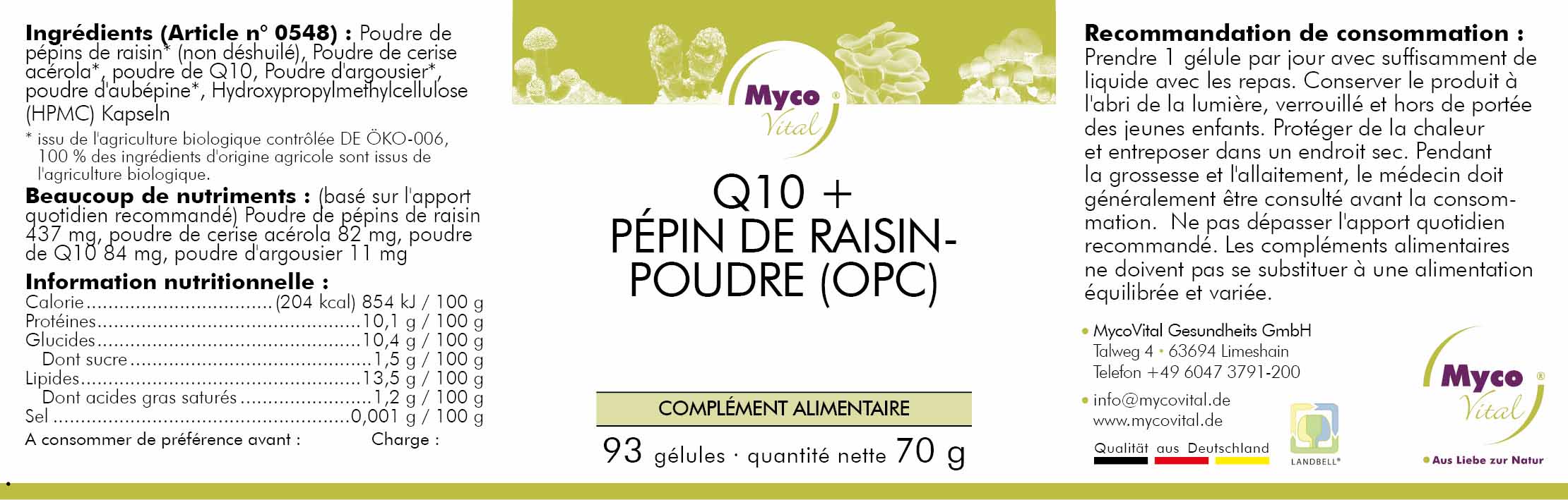 Q10 + CAPSULES DE PEPINS DE RAISINS (OPC) provenant de pépins de raisins biologiques non déshuilés (mélange 548)