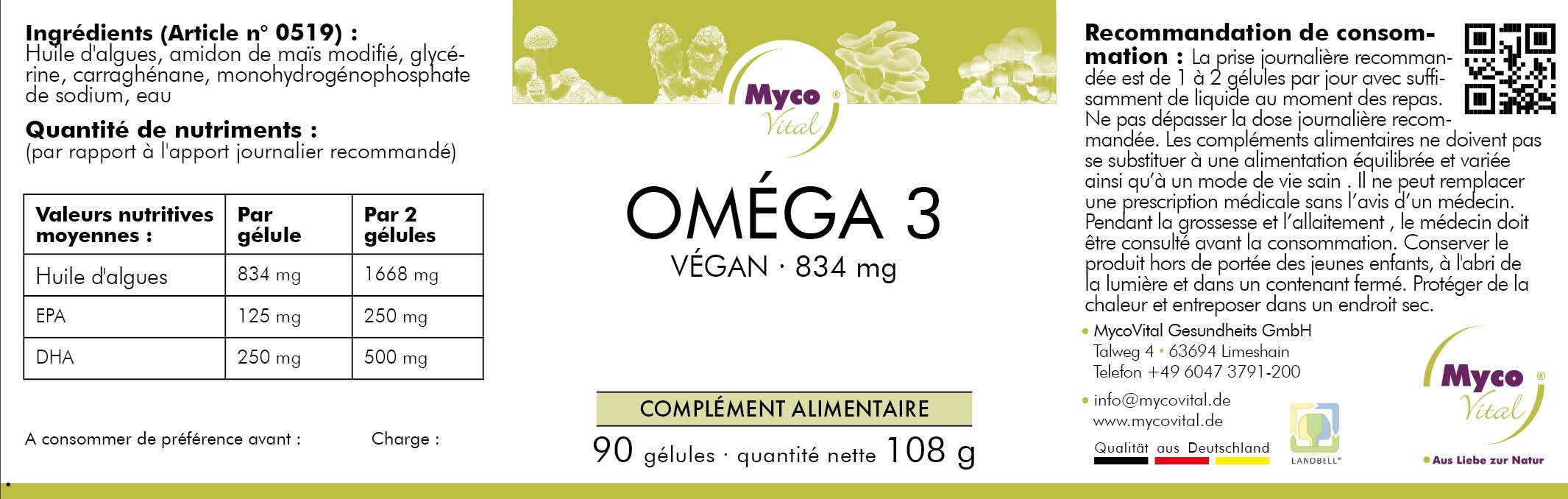 MycoVital Omega 3 VEG algues 834 mg