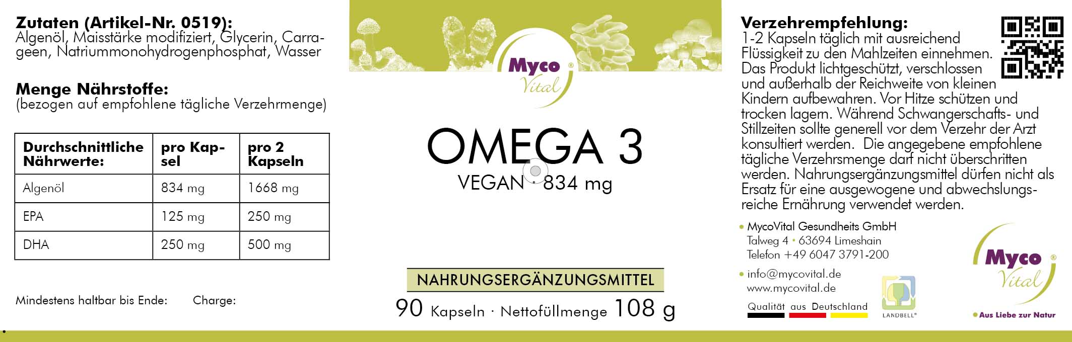 MycoVital Omega 3 VEG Algen 834 mg